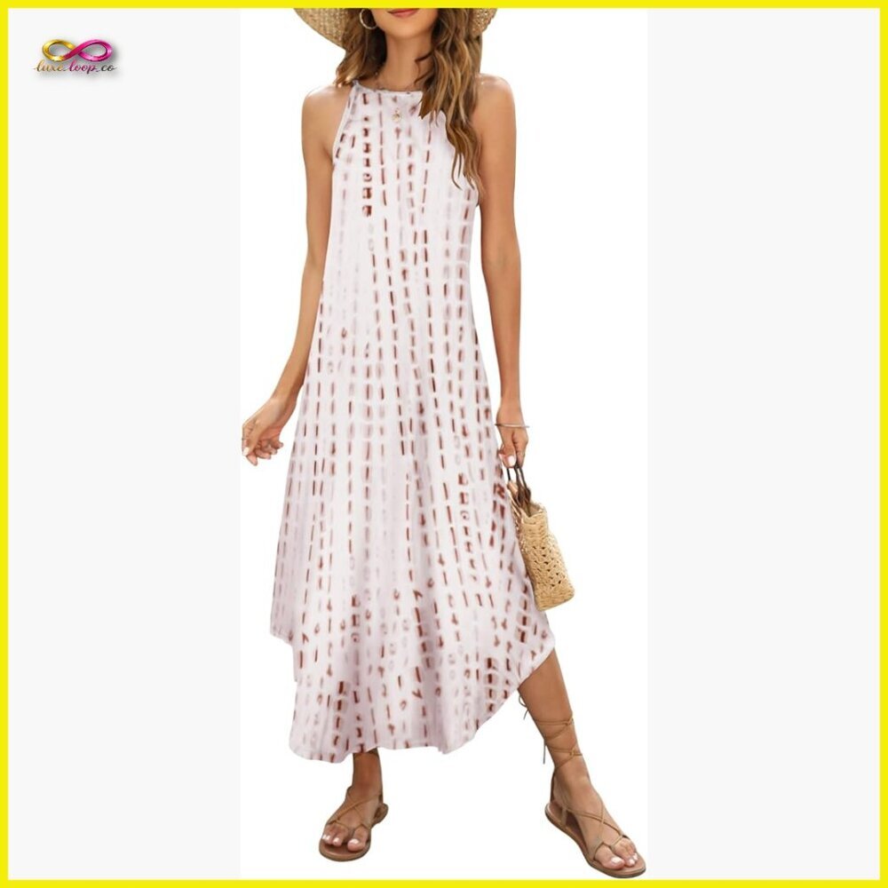 Sleeveless Halter Maxi Dress Flowy Swing Side Slit Boho Beach Coverup